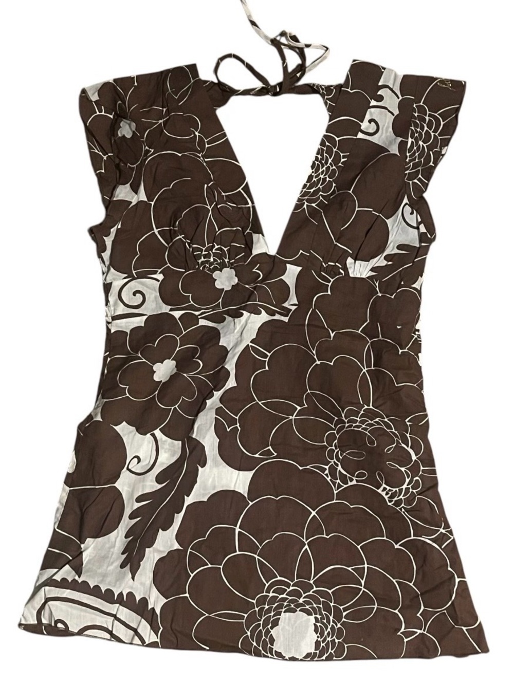 Vintage Y2K BILLABONG V-Neck + V-Back Brown White Floral Print Top Back Ties